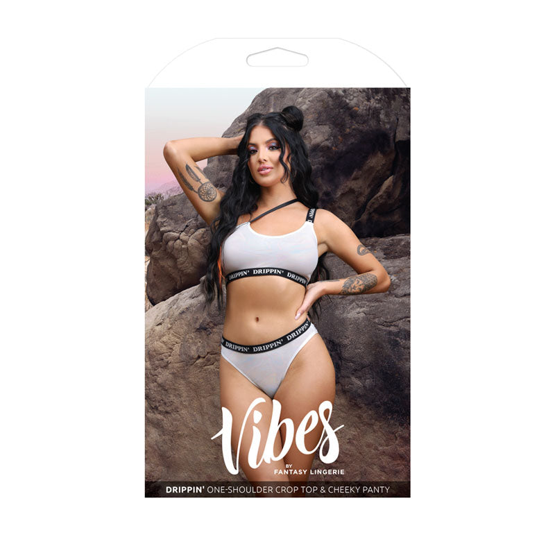 Fantasy Lingerie VIBES DRIPPIN' One-Shoulder Crop Top & Cheeky Panty - S/M or M/L