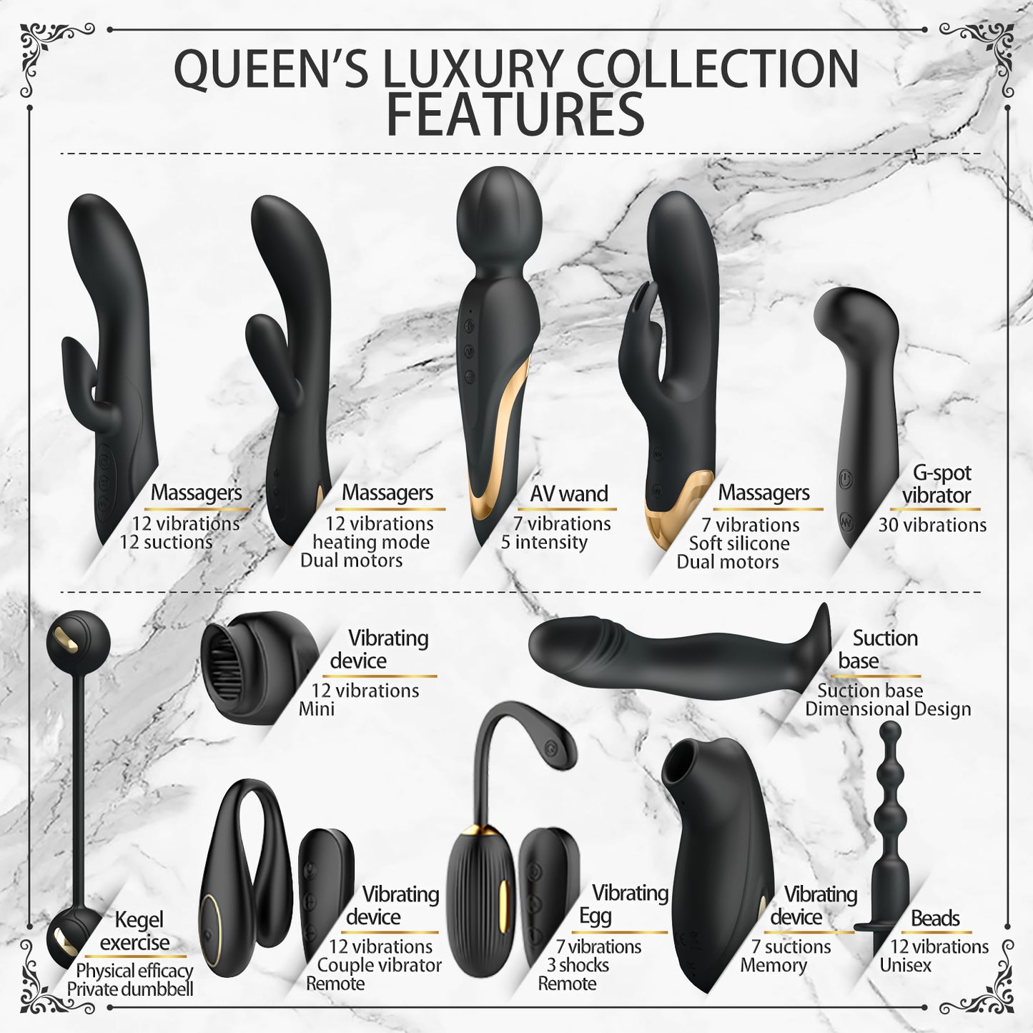 Pretty Love Queen's Luxury Collection - Sex Toy Gift Set - 12 Pieces Black/Gold