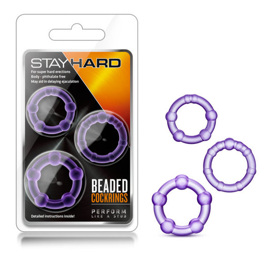 Blush Novelties | Stay Hard Beaded Cockrings - Purple Cock Rings - Set of 3 Sizes