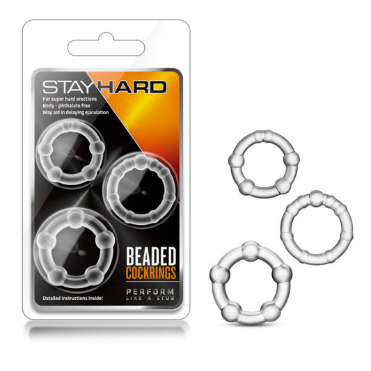 Blush Novelties | Stay Hard Beaded Cockrings - Clear Cock Rings - Set of 3 Sizes