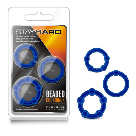 Blush Novelties | Stay Hard Beaded Cockrings - Blue Cock Rings - Set of 3 Sizes