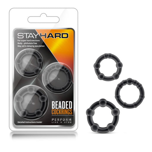 Blush Novelties | Stay Hard Beaded Cockrings - Black Cock Rings - Set of 3 Sizes