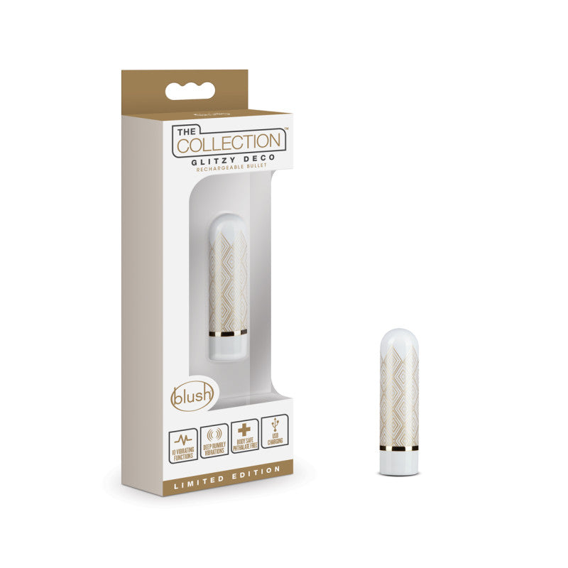 Blush Novelties The Collection Glitzy Deco - White/Gold 6.4cm (2.5") USB Rechargeable Bullet