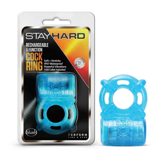 Blush Novelties | Stay Hard Rechargeable 5 Function Blue Vibrating Cock Ring