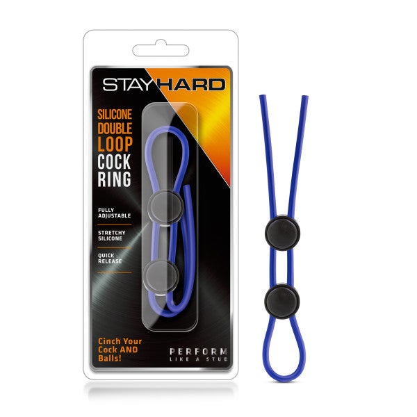 Blush Novelties | Stay Hard - Silicone Double Loop Cock Ring - Blue Adjustable Lasso Cock Ring