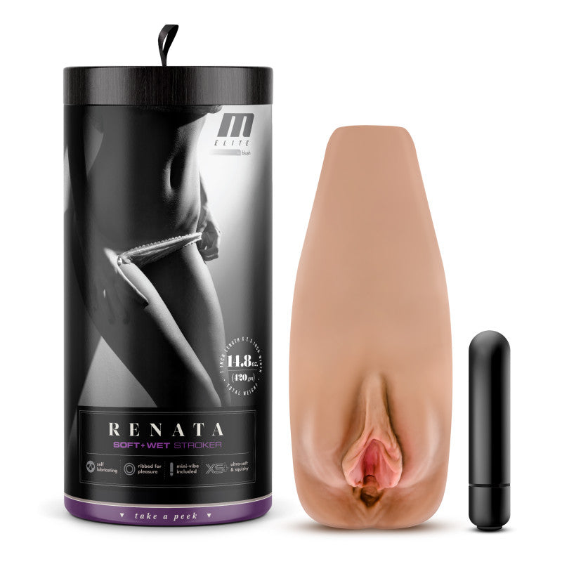 M Elite Soft and Wet - Renata - Tan Vibrating Self-Lubricating Vagina Stroker