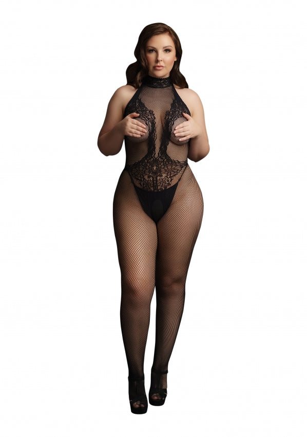 Le Desir Collection Fishnet and Lace Bodystocking Black Size OSX