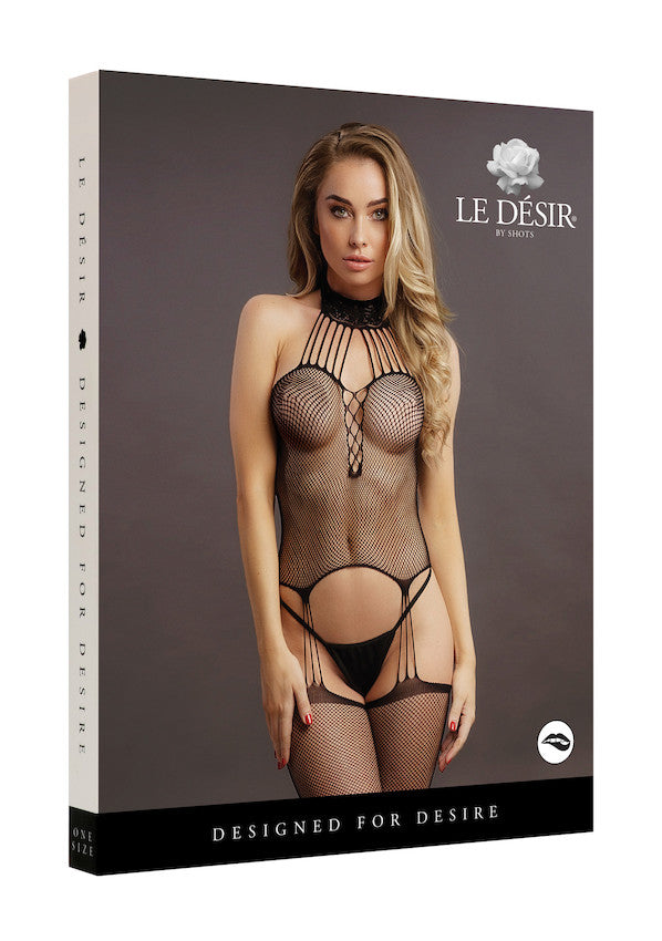 Le Desir Collection Suspender Fishnet Choker Bodystocking Black Size OS