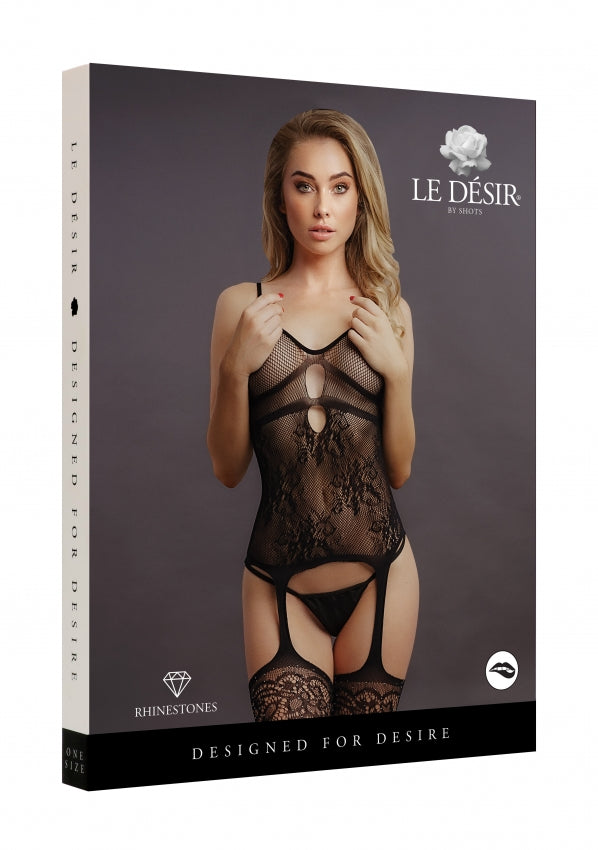 Le Desir Collection Suspender Rhinestone Bodystocking Black Size OS