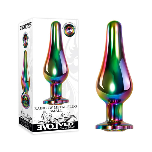 Evolved Rainbow Metal Plug - Coloured 9.4cm Small Butt Plug with Gem Base