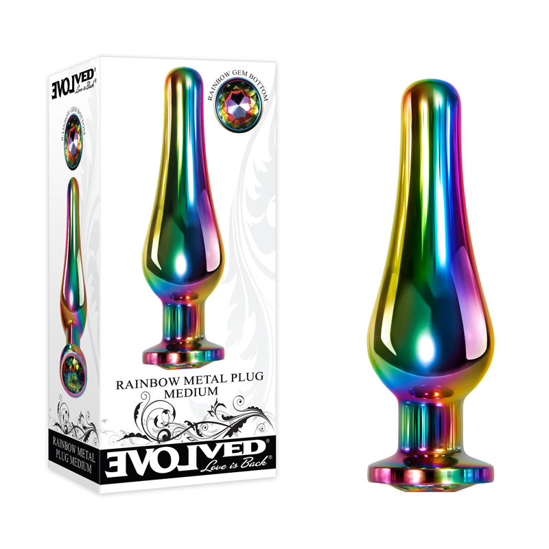 Evolved Rainbow Metal Plug - Coloured 11.1cm Medium Butt Plug with Gem Base