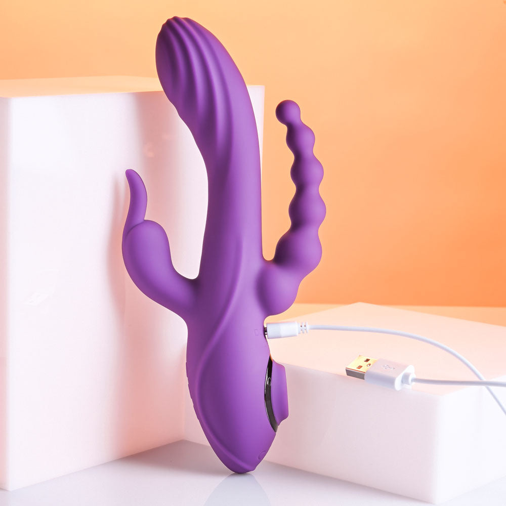 Evolved FOURGASM Purple 21.9cm USB Rechargeable Triple Vibrator with Suction