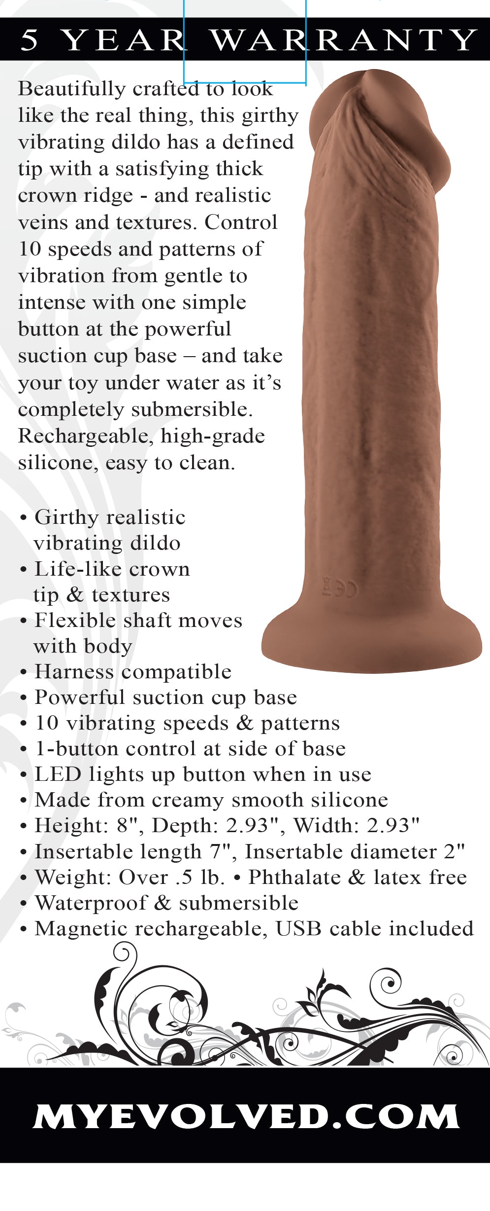 Evolved 7" GIRTHY VIBRATING DONG DARK Brown 17.8cm USB Vibrating Dildo