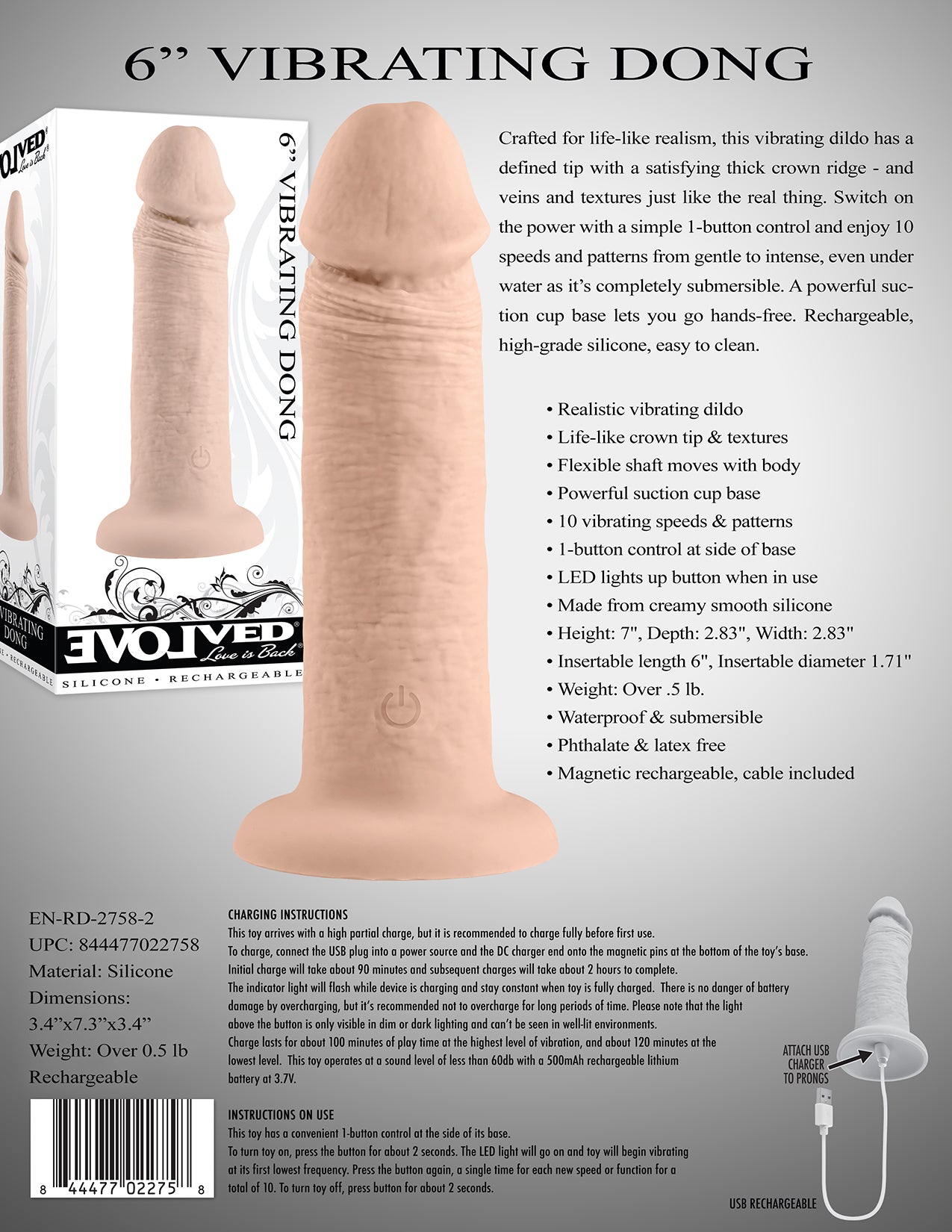 Evolved 6" VIBRATING DONG LIGHT Flesh 15.2cm USB Rechargeable Vibrating Dong