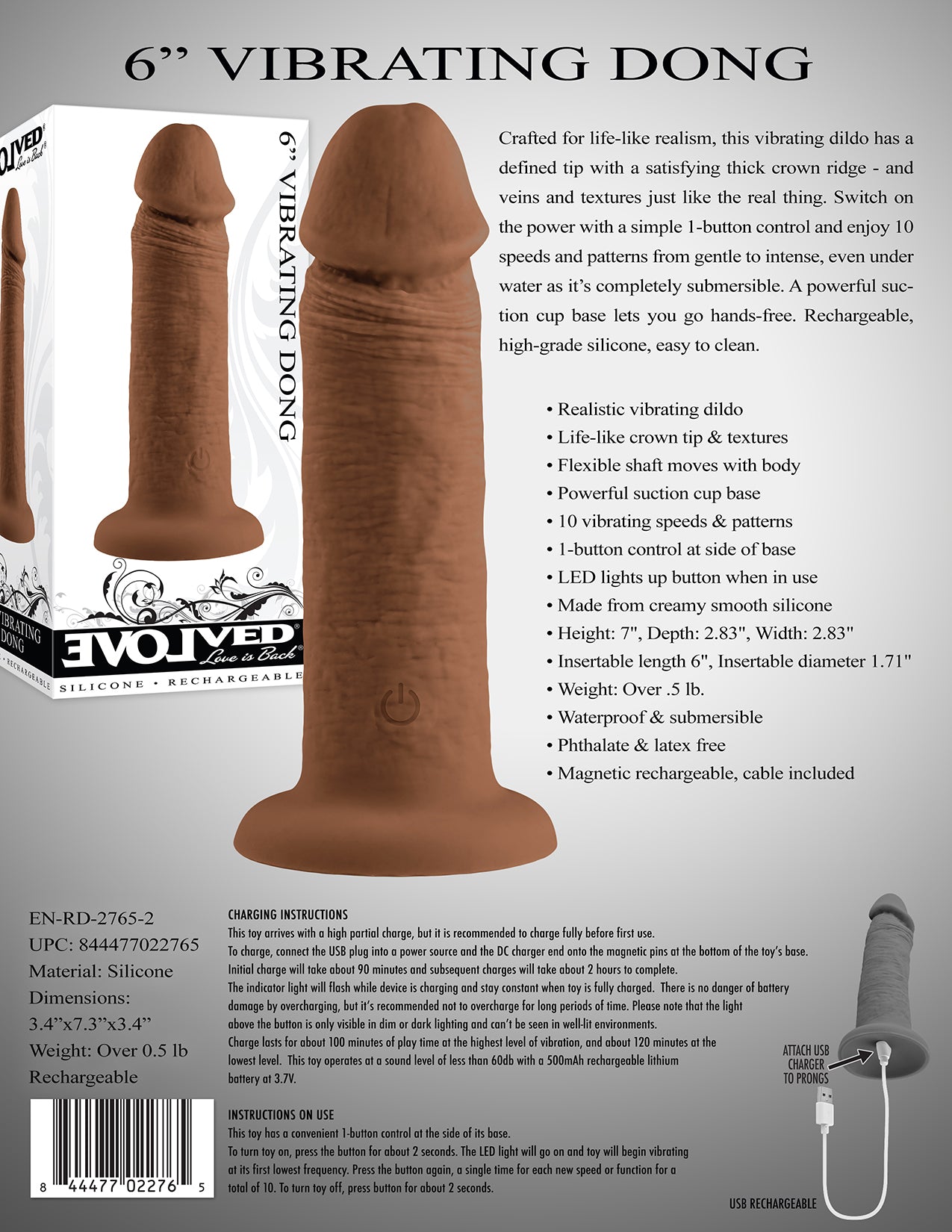 Evolved 6" VIBRATING DONG DARK Brown 15.2cm USB Rechargeable Vibrating Dildo