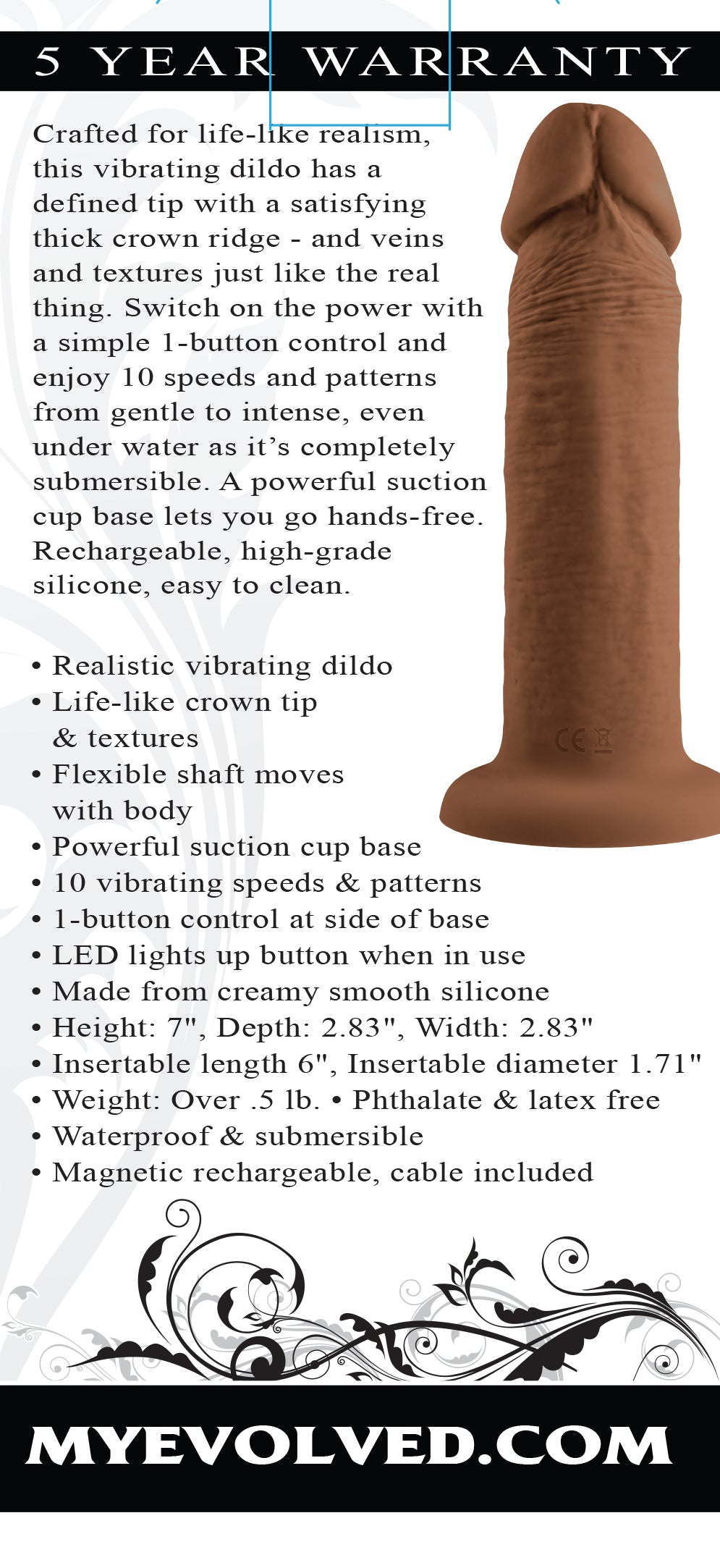 Evolved 6" VIBRATING DONG DARK Brown 15.2cm USB Rechargeable Vibrating Dildo