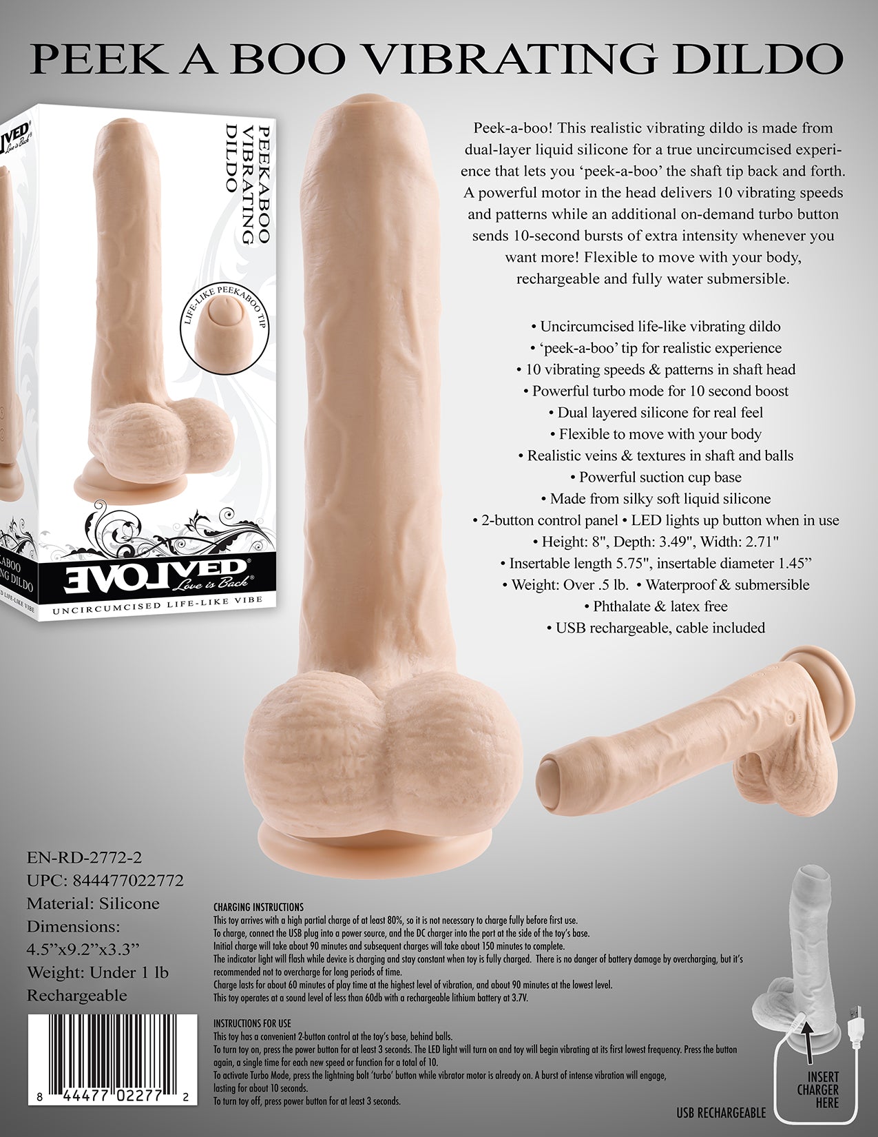 Evolved PEEK A BOO VIBRATING DILDO LIGHT 20.3cm USB Rechargeable Uncut Dong