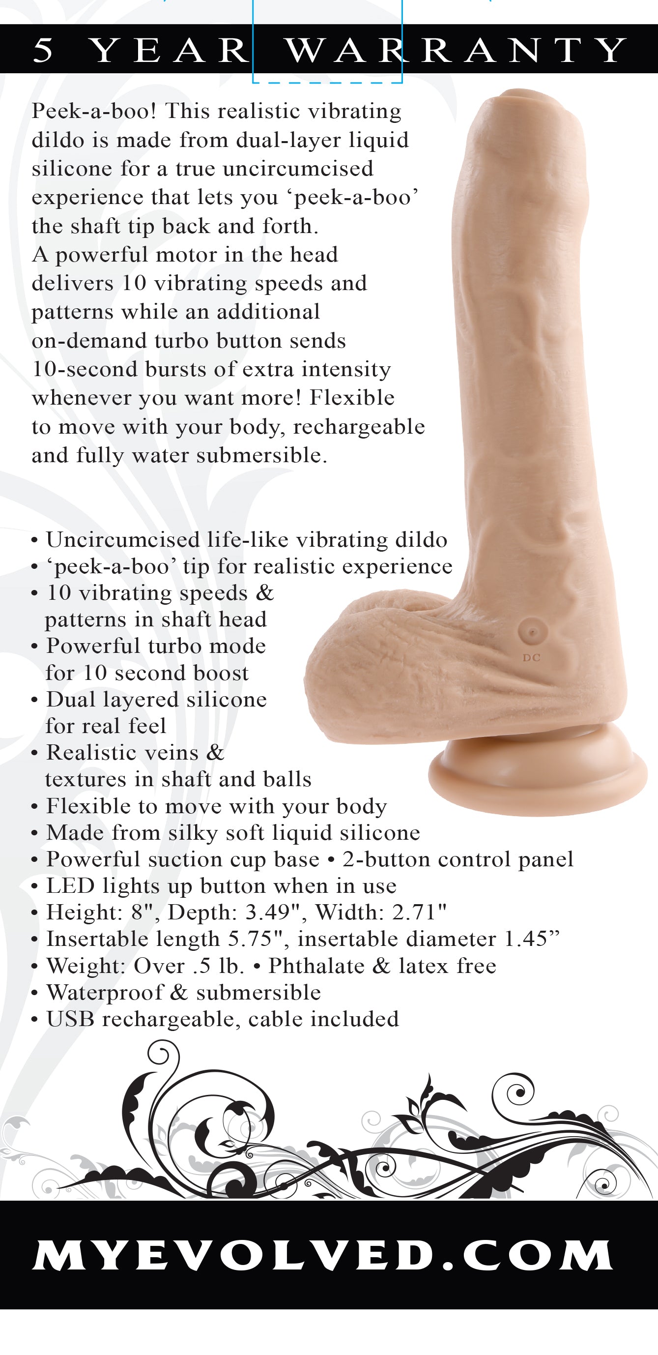 Evolved PEEK A BOO VIBRATING DILDO LIGHT 20.3cm USB Rechargeable Uncut Dong