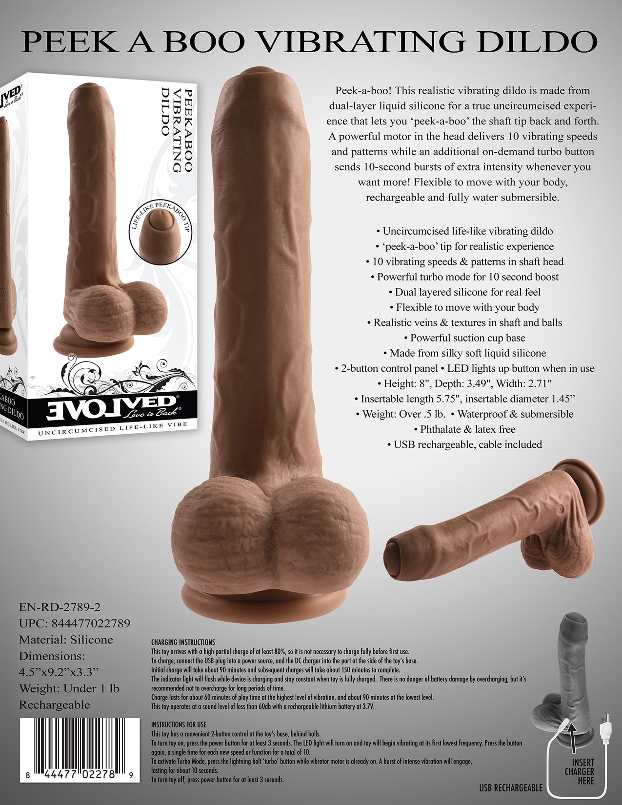 Evolved PEEK A BOO VIBRATING DILDO DARK 20.3cm USB Rechargeable Uncut Dong