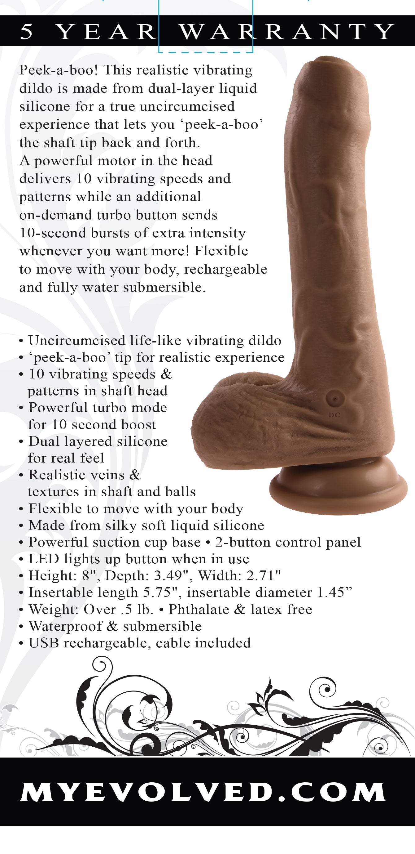 Evolved PEEK A BOO VIBRATING DILDO DARK 20.3cm USB Rechargeable Uncut Dong