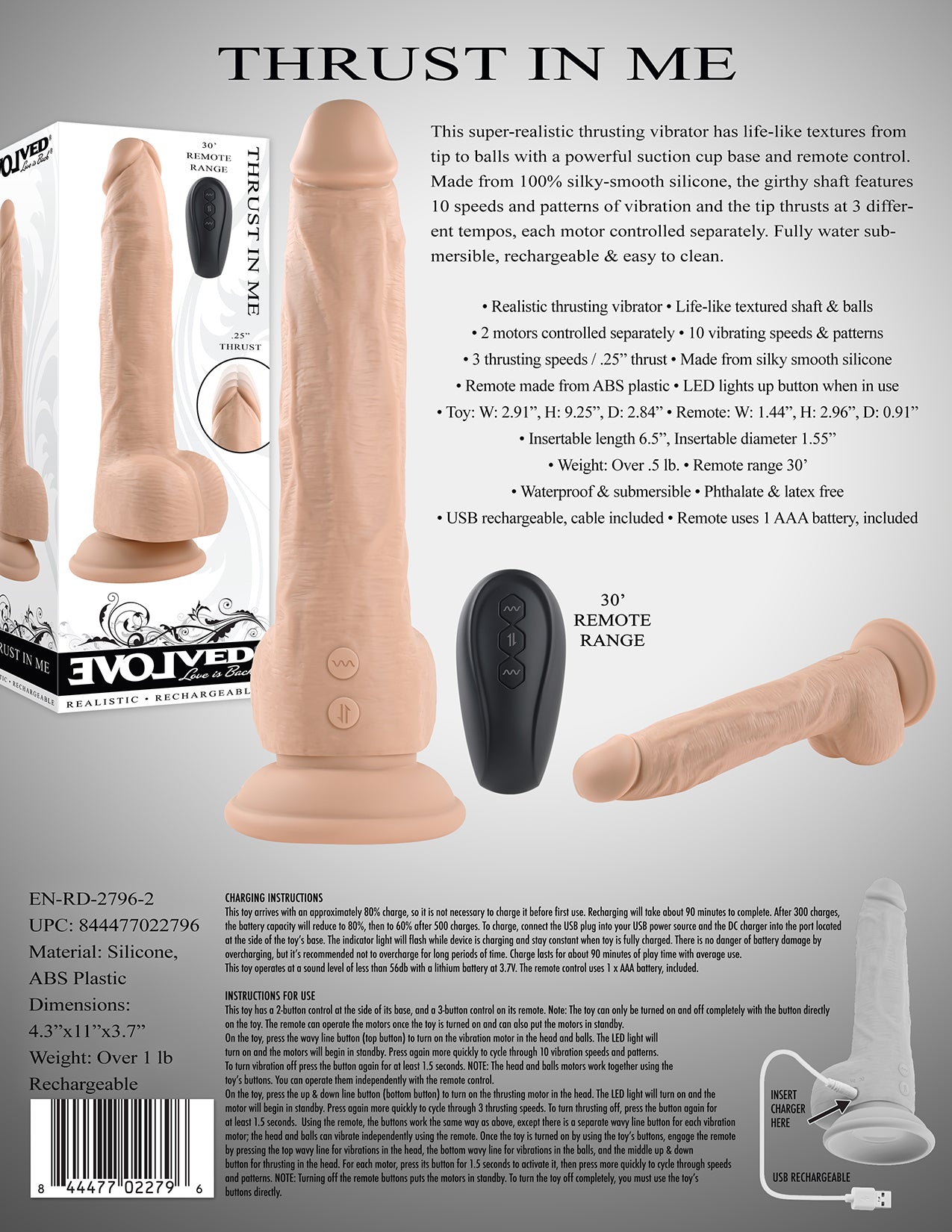 Evolved THRUST IN ME LIGHT Flesh 23.5cm USB Rechargeable Thrusting Dong Dildo