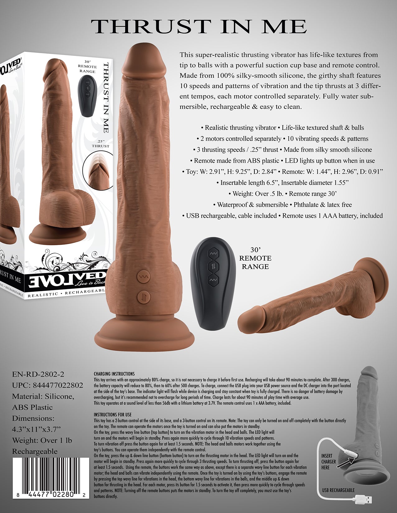 Evolved THRUST IN ME LIGHT Brown 23.5cm USB Rechargeable Thrusting Dong Dildo