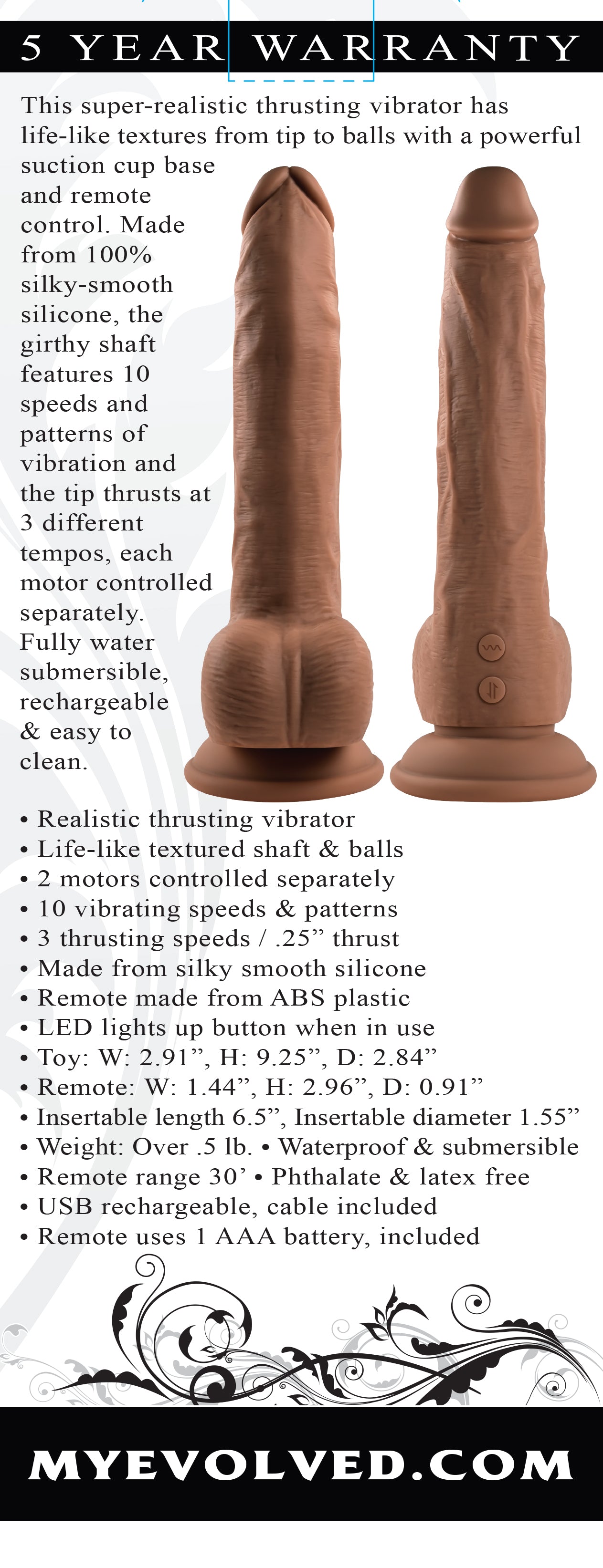 Evolved THRUST IN ME LIGHT Brown 23.5cm USB Rechargeable Thrusting Dong Dildo