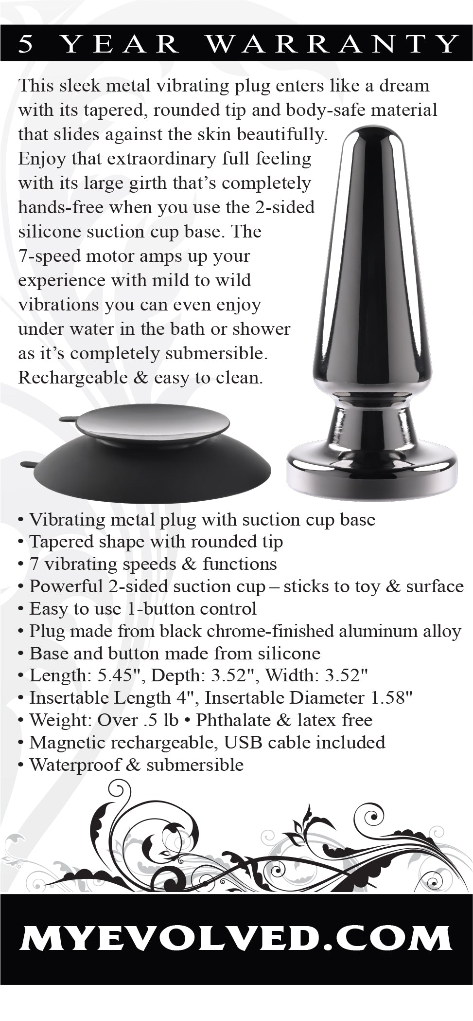 Evolved ADVANCED METAL PLUG Black Chrome 13.8cm USB Rechargeable Vibrating Butt Plug