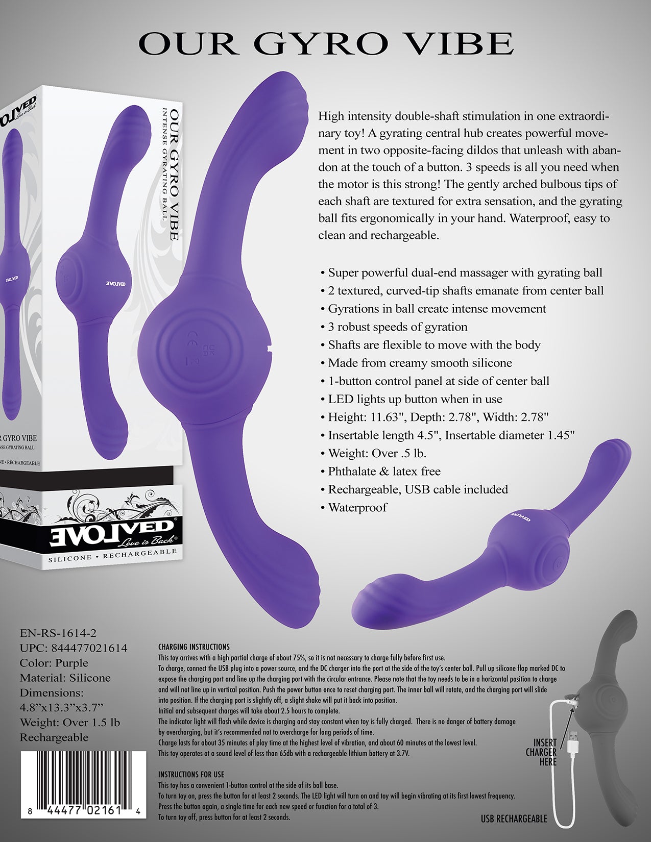 Evolved OUR GYRO VIBE Purple 29.5cm USB Rechargeable Super Double Vibrator