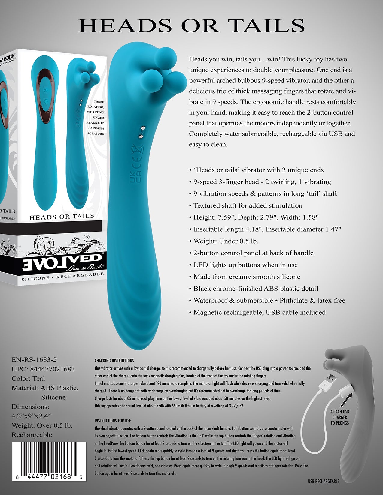 Evolved HEADS OR TAILS Blue 19.3cm USB Rechargeable Dual Ended Massager Vibrator