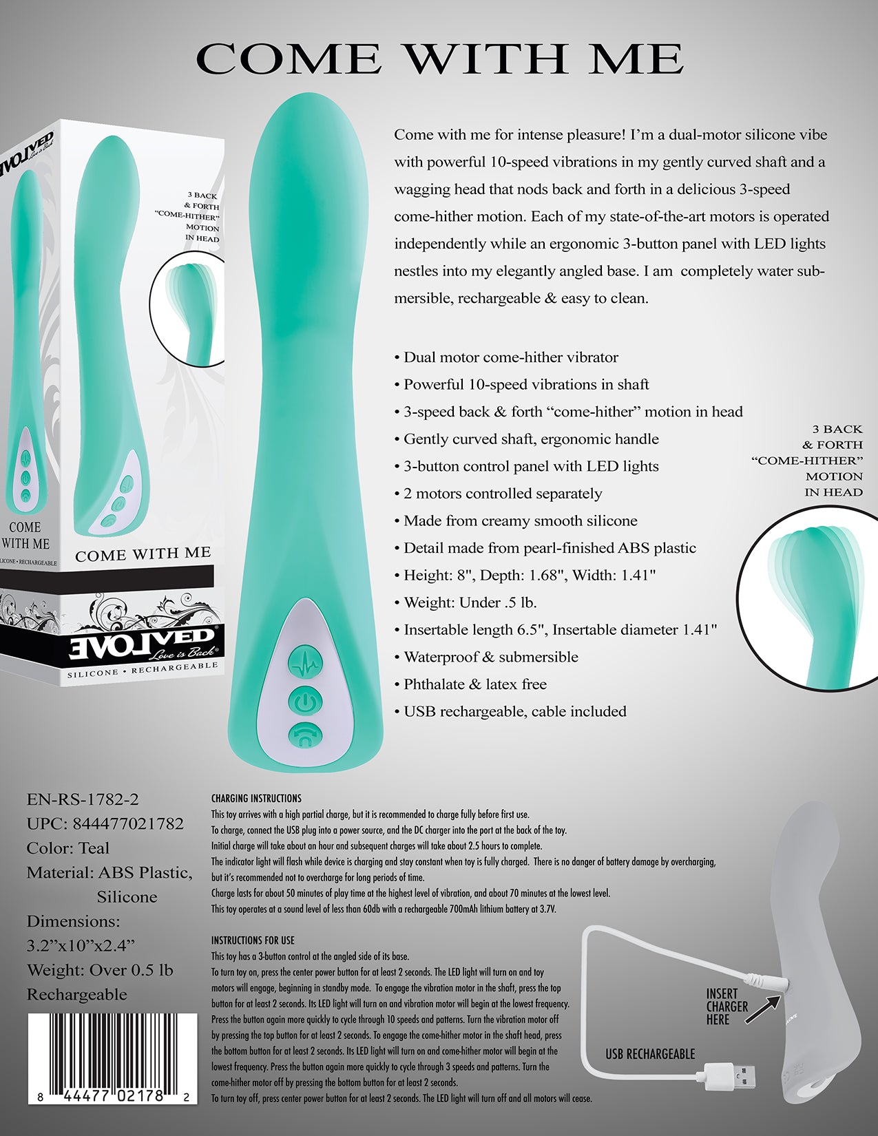 Evolved COME WITH ME Teal 20.3cm USB Rechargeable Vibrator with Flicking Head