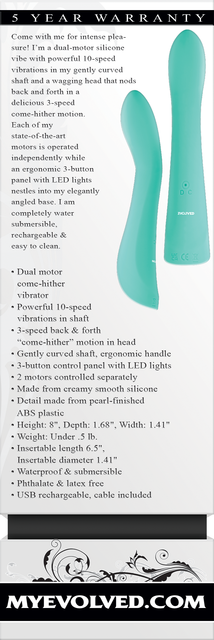 Evolved COME WITH ME Teal 20.3cm USB Rechargeable Vibrator with Flicking Head