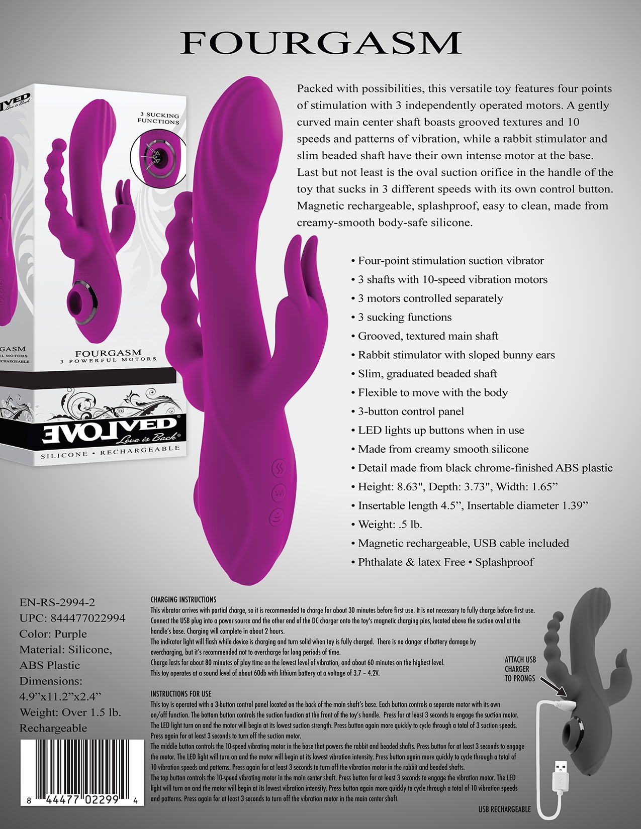 Evolved FOURGASM Purple 21.9cm USB Rechargeable Triple Vibrator with Suction