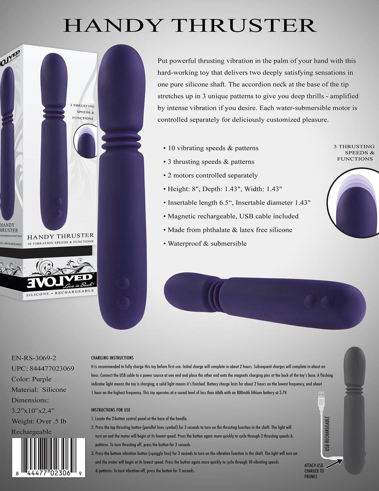 Evolved HANDY THRUSTER Purple 20.3cm USB Rechargeable Thrusting Vibrator