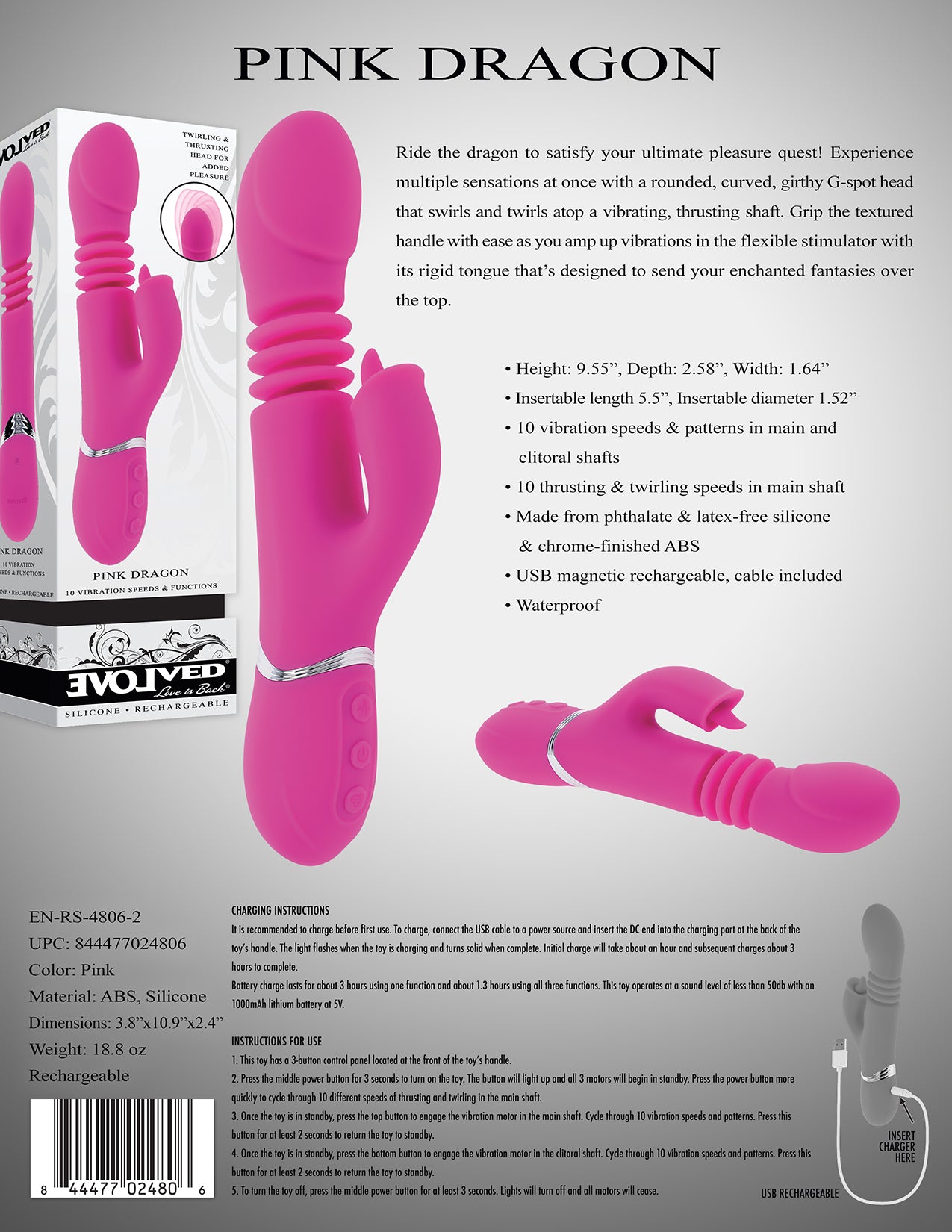 Evolved PINK DRAGON Pink 24.2cm USB Rechargeable Thrusting Rabbit Vibrator