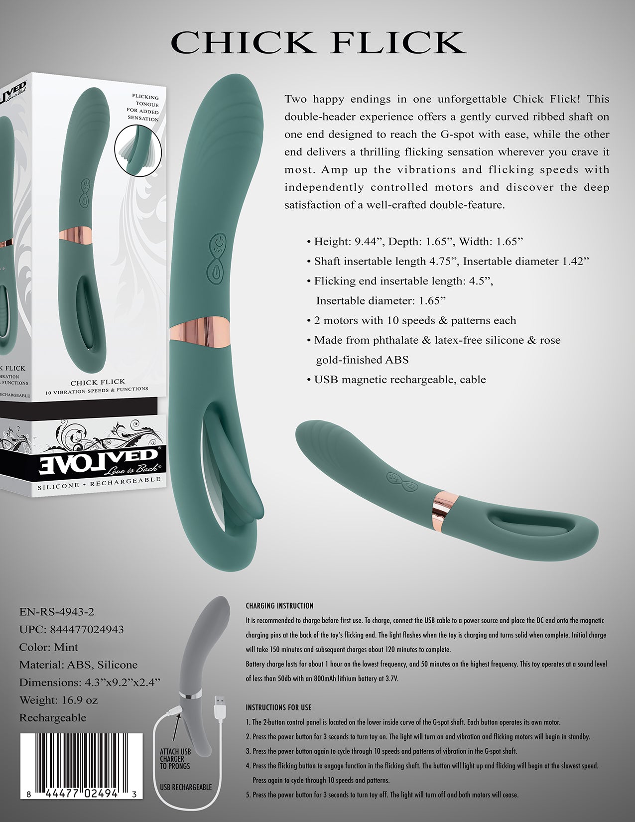 Evolved CHICK FLICK Olive Green 24cm USB Rechargeable Vibrator with Flicking Tip