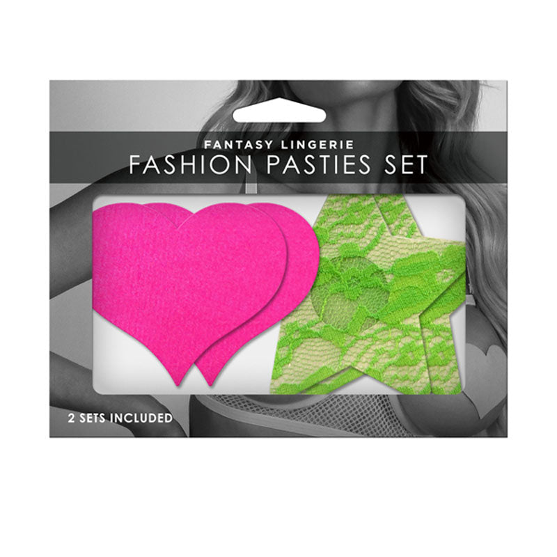 Fantasy Lingerie GLOW Fashion Pasties Set - Neon Green & Solid Pink - 2 Sets Included