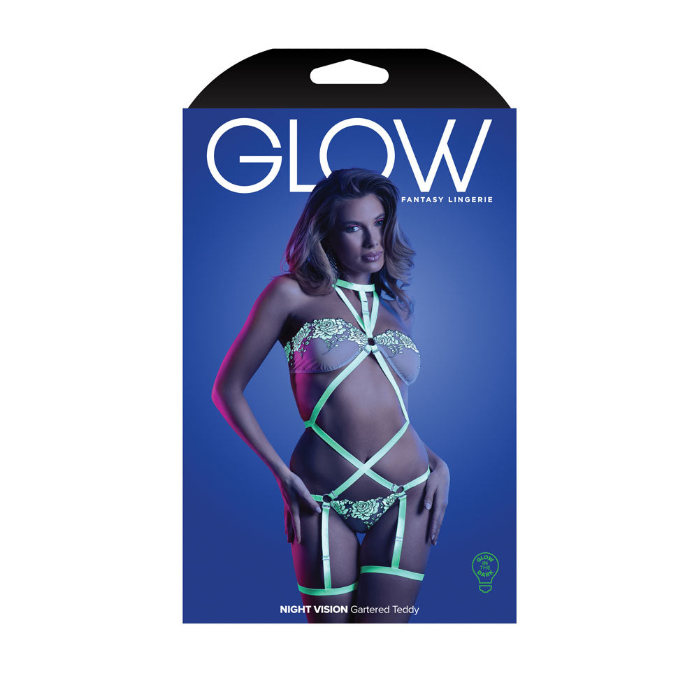 Fantasy Lingerie GLOW NIGHT VISION Gartered Teddy - S/M or M/L