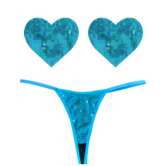 Neva Nude Mahi Mahi Blue Sequin G-String and Heart Pastie Set