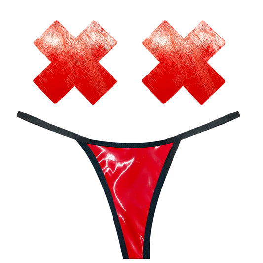 Neva Nude Vixen Red Wet Vinyl Pastie and G-String Set