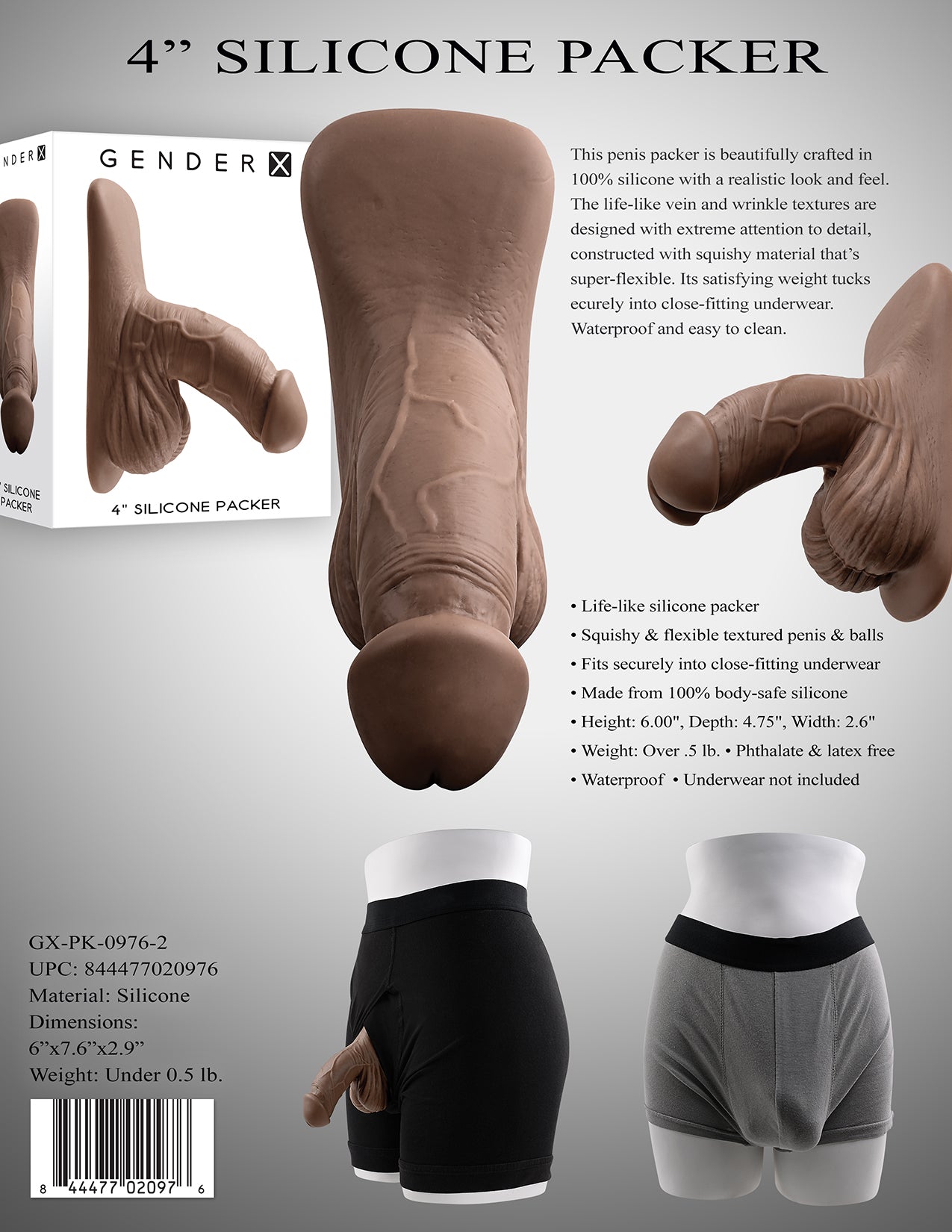 Gender X 4" SILICONE PACKER DARK Brown 10cm Packer