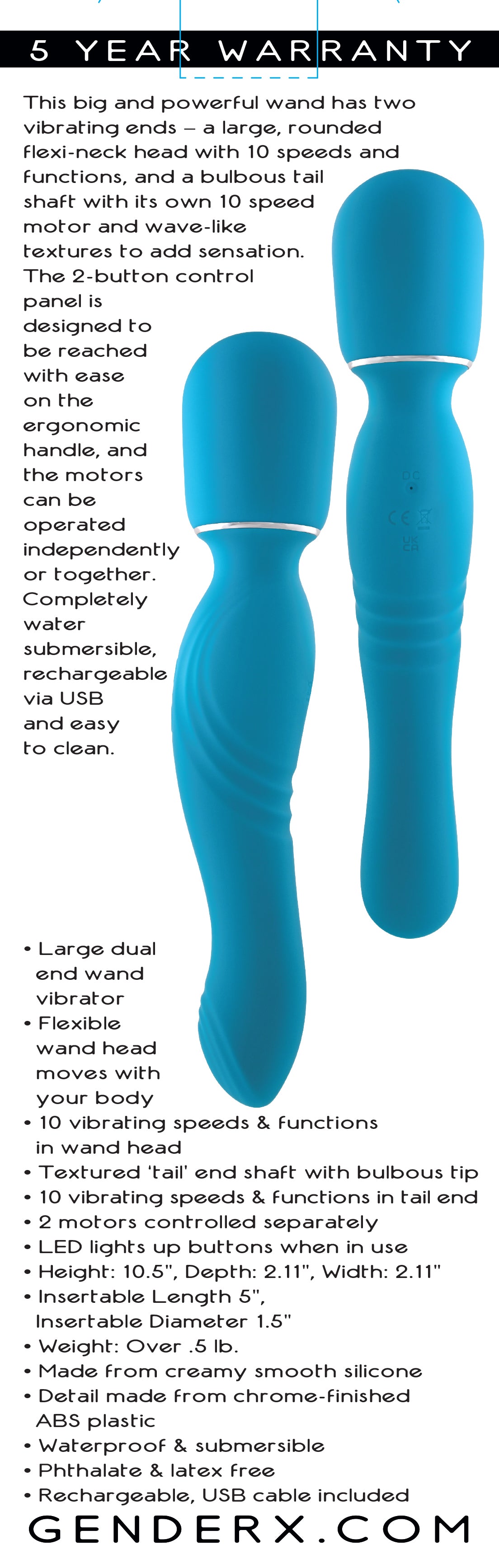 Gender X DOUBLE THE FUN Blue 26.7cm USB Rechargeable Dual Ended Vibrator Wand