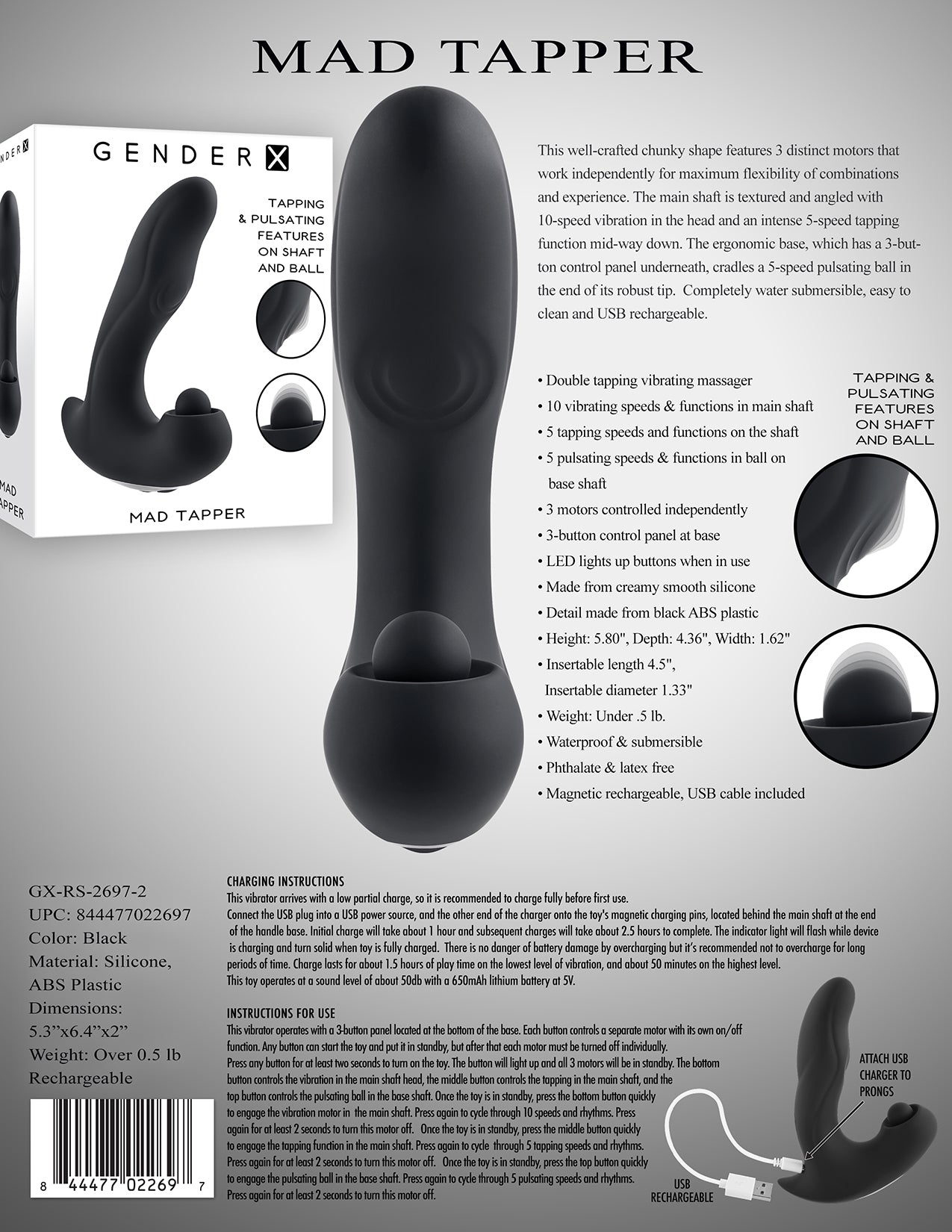 Gender X MAD TAPPER Black USB Rechargeable Double Tapping Vibrating Massager