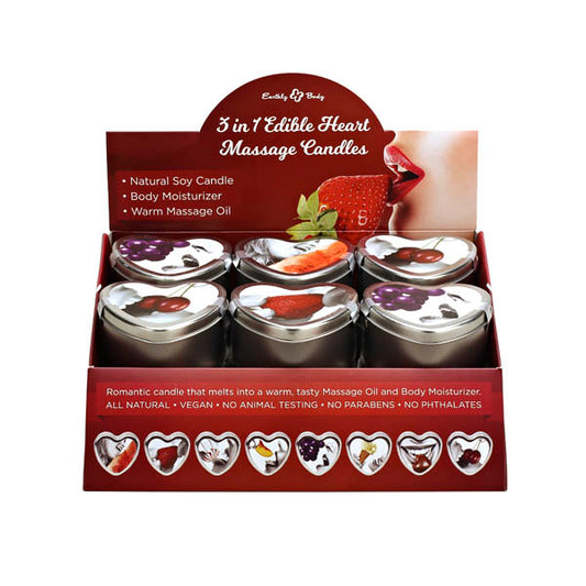 Earthly Body 3 in 1 Edible Heart Massage Candles - Flavoured Massage Candles - Counter Display of 12