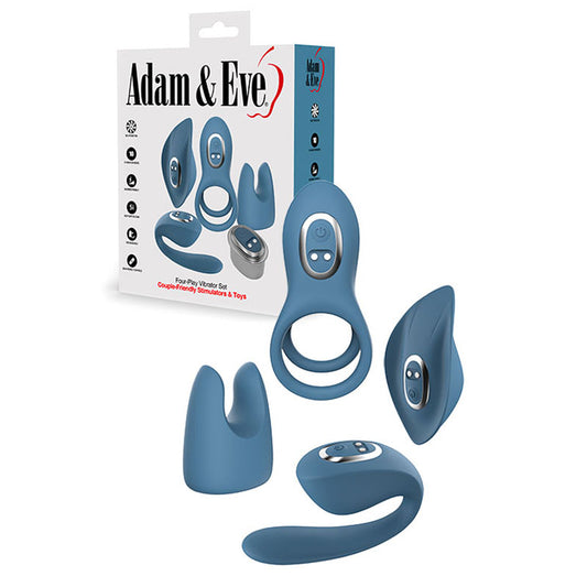 Adam & Eve FOUR-PLAY Vibrator Set - Blue USB Rechargeable Couples Play Kit