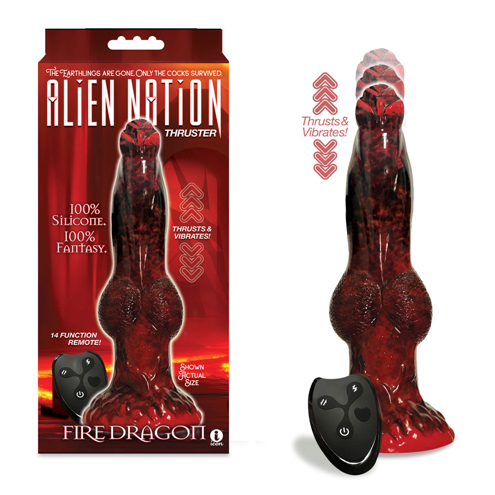 Icon Brands | Alien Nation Fire Dragon Red/Black 22.9cm Vibrating Thrusting Fantasy Dong with Remote