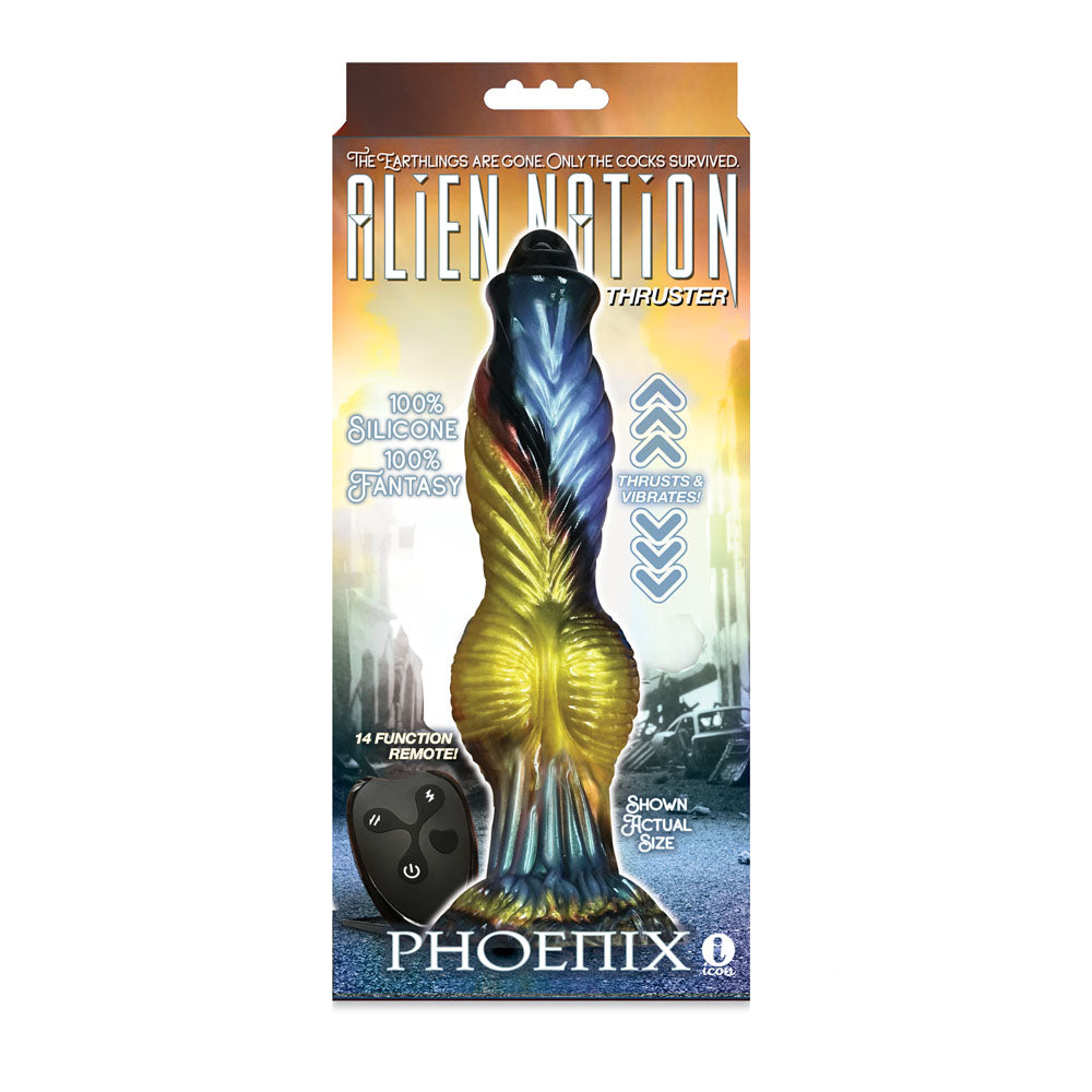 Icon Brands | Alien Nation Phoenix Gold/Blue & Black 25.4cm Vibrating Thrusting Fantasy Dong with Remote