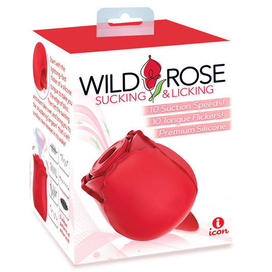 Icon Brands | Wild Rose Sucking & Licking Red USB Rechargeable Air Pulse & Flicking Stimulator