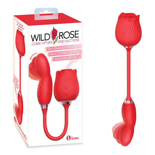 Icon Brands | Wild Rose Come Hither & Suction Vibrator Red USB Rechargeable Air Pulse Stimulator