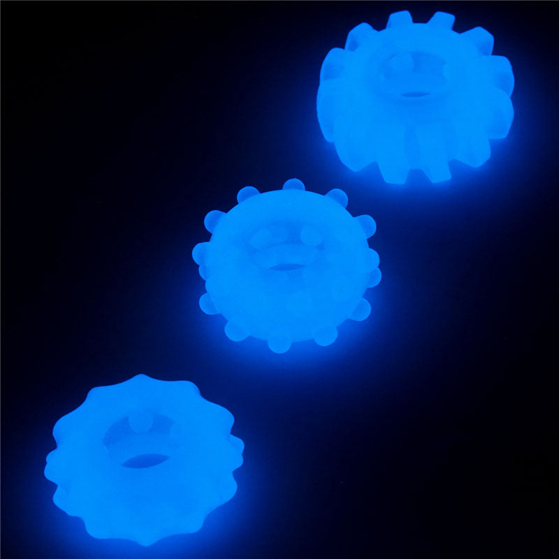 Lovetoy Lumino Play Penis Rings 3 Pc Pieces Blue